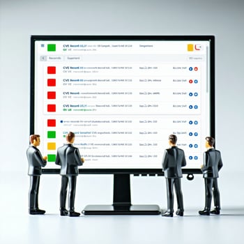 Create an image of miniature plastic model IT support staff looking at a giant computer screen displaying CVE records with either red green or yellow colours beside each one White background Close focus-Jun-26-2025-10-54-48-5644-AM
