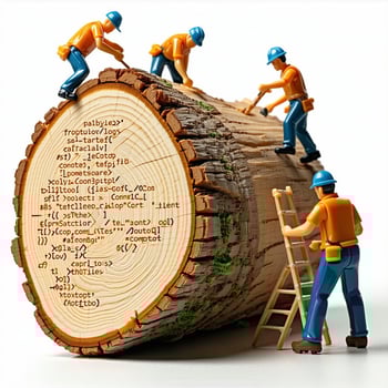 an image of miniature plastic model workmen hand carving computer code into a huge wooden log White background