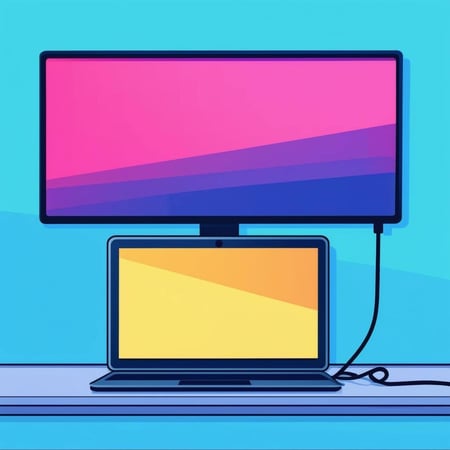 create a simple flat illustration of an open laptop connected to an ultrawide monitor