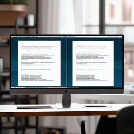 create a very simple flat image of two documents open side by side on an ultrawide monitor