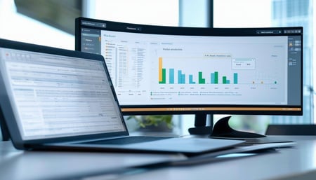 create an image of an open laptop connected to an ultrawide monitor showing a productivity graph