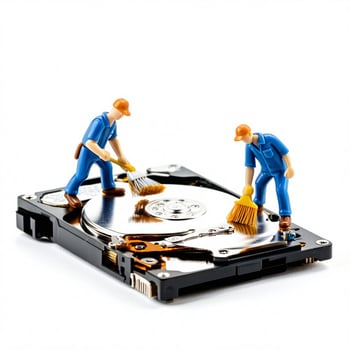 miniature plastic model men on their knees scrubbing a hard disk clean with scrubbing brushes White background close focus