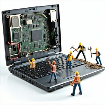 miniature plastic model people holding picks and crowbars mining the insides of an old laptop for metals White background close focus-1-1
