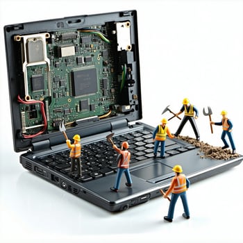 miniature plastic model people holding picks and crowbars mining the insides of an old laptop for metals White background close focus-1