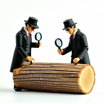 please create an image of miniature plastic model detectives like sherlock holmes inspecting a wooden log with computer code carved into it using magnifying glasses White background Close focus-3