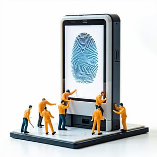 please create an image of miniature plastic model people erecting a giant fingerprint scanning machine White background close focus-1