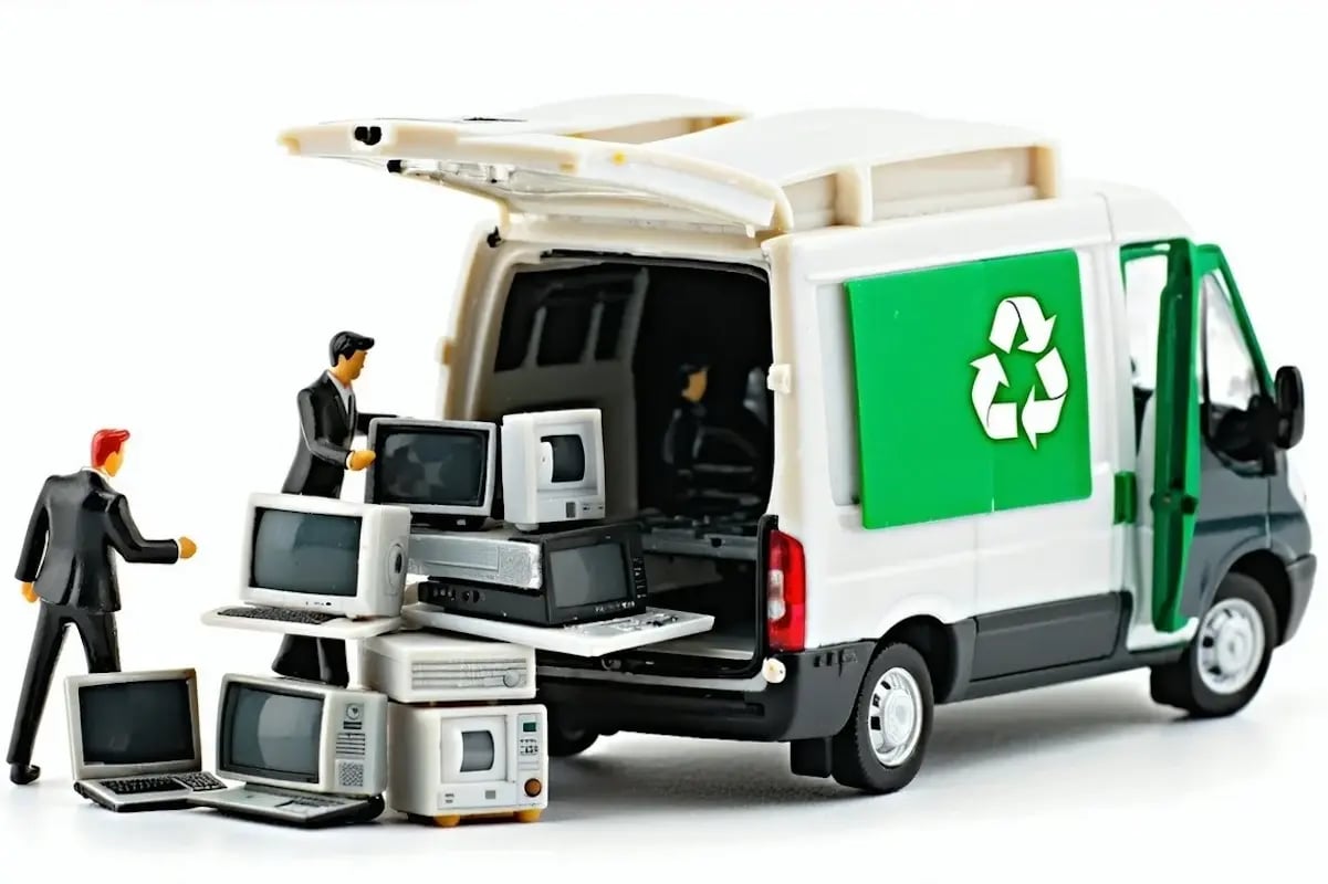 Old computers being loaded into a recycling truck