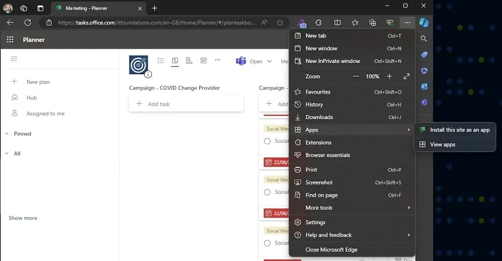 MS Planner - install this site as an app
