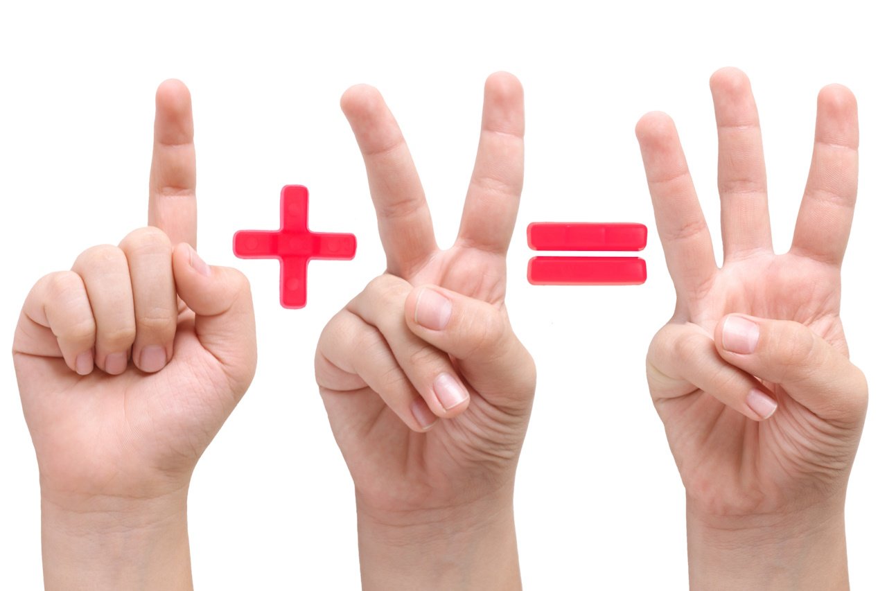 1 plus 2 equals three, depicted using fingers