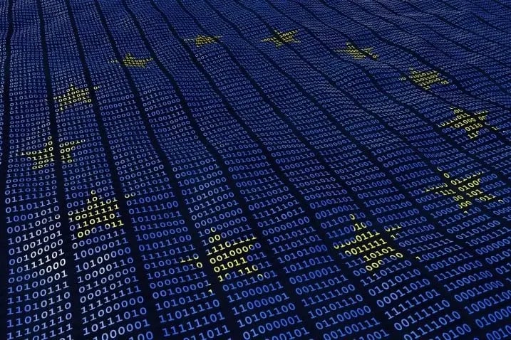 EU flag written with coloured binary code