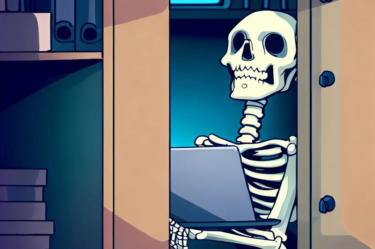Skelton in a closet with a laptop