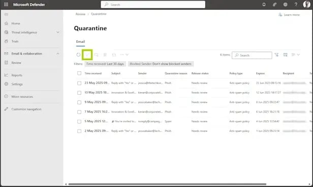 how to find and recover email in Microsoft outlook release from quarantine