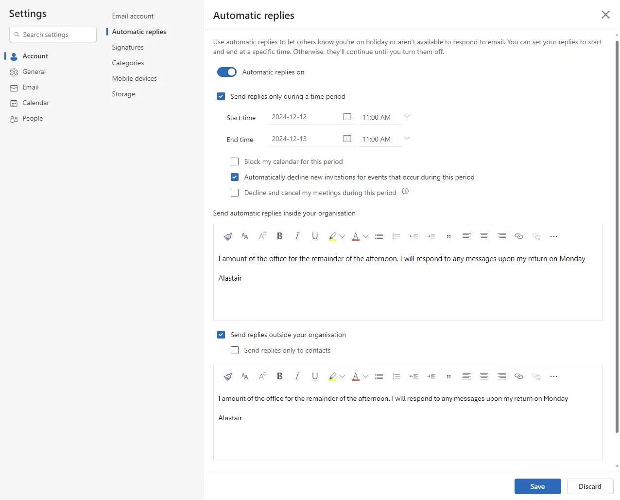 How to turn on Out of Office in Microsoft Outlook for the web Image 4