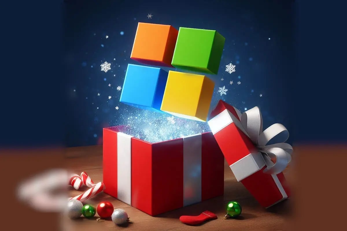 Microsoft's windows logo bursting out of a present box