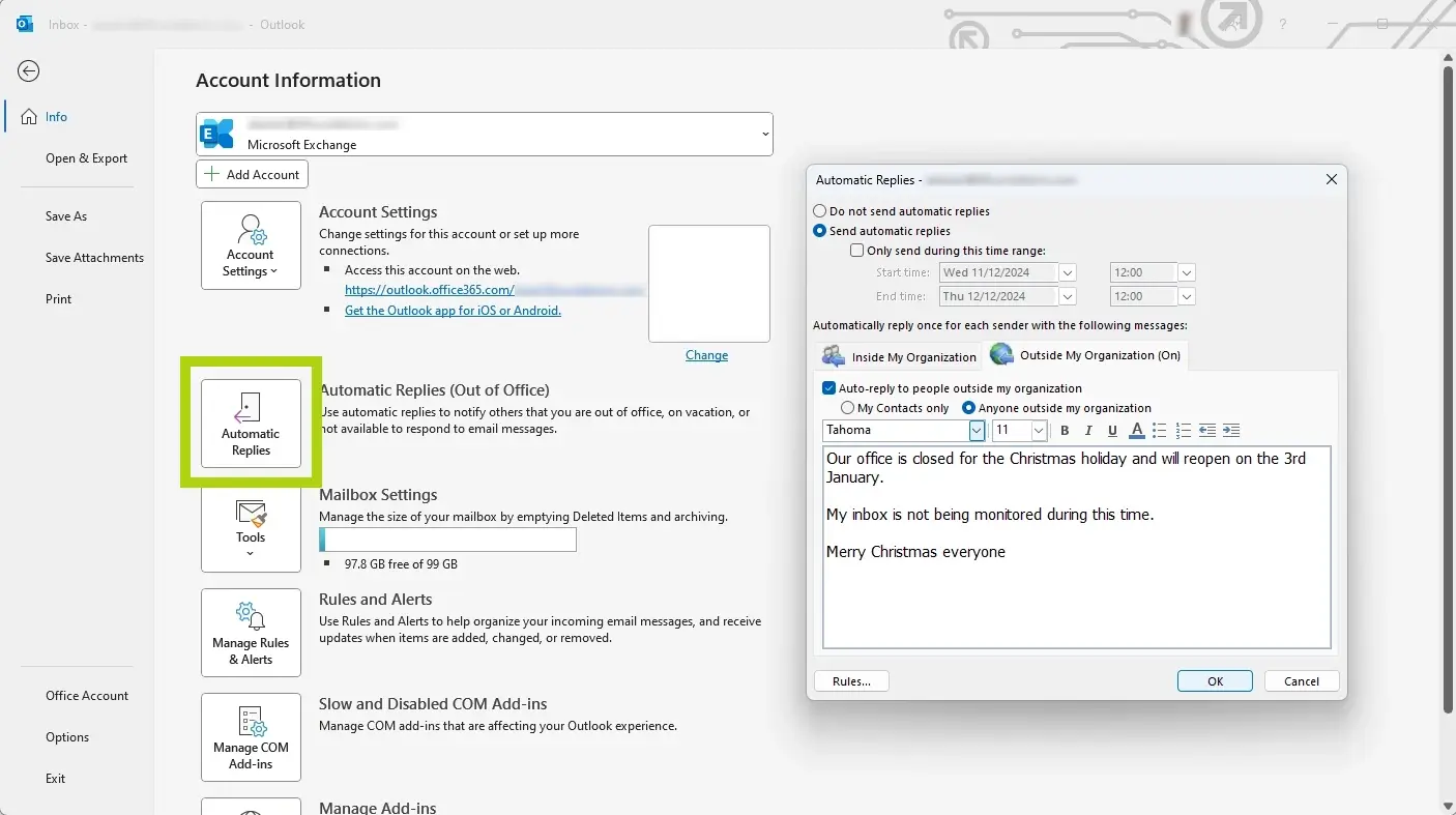 How to turn on Out of Office in Microsoft Outlook