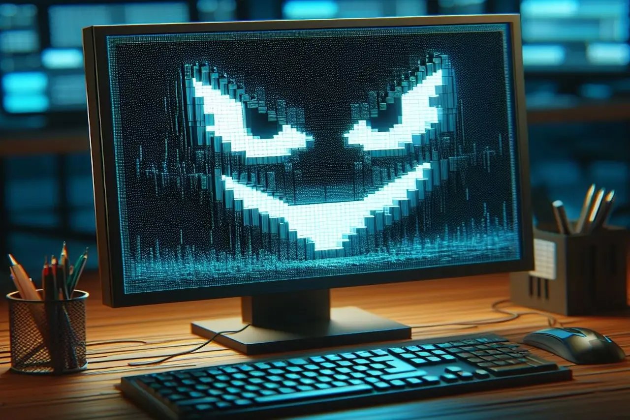 A sinister digital face on a computer monitor