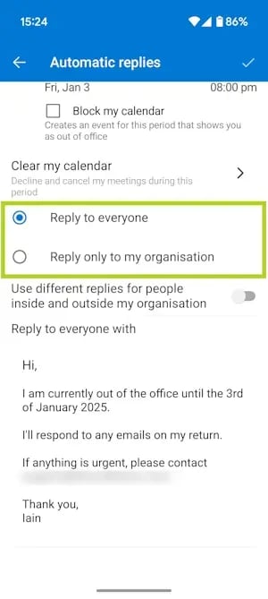 How to turn on Out of Office in Microsoft Outlook for the Android Image 5