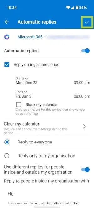 How to turn on Out of Office in Microsoft Outlook for the Android Image 6