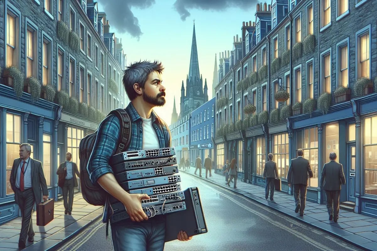 A man carrying computer equipment in Edinburgh