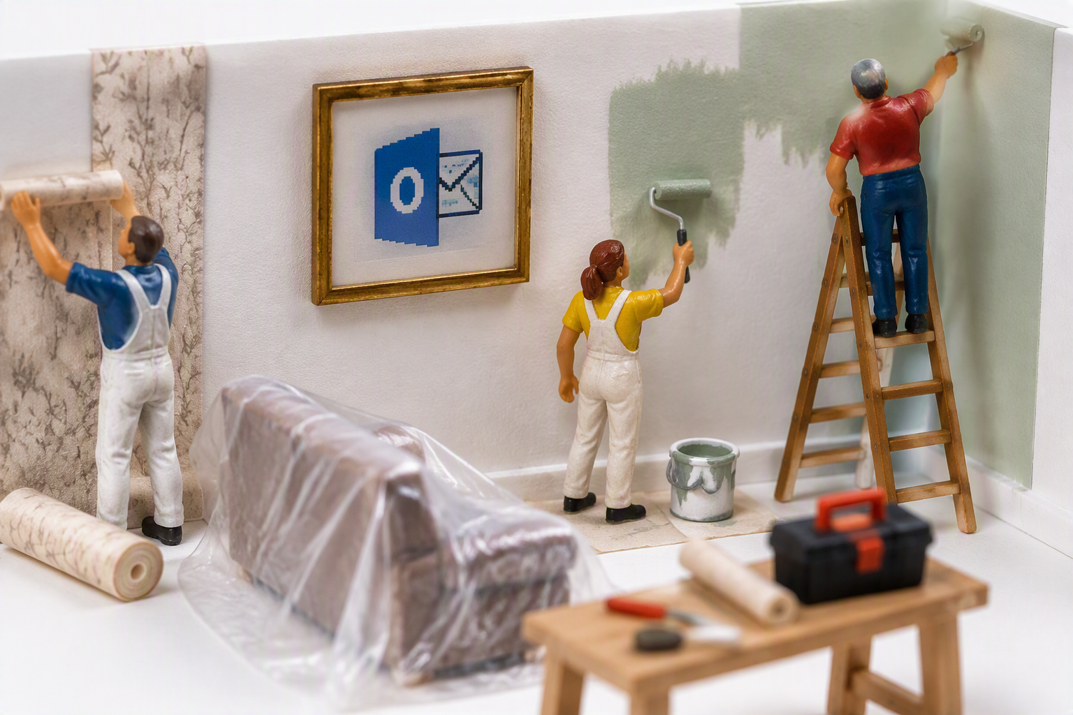 Redecorating a house with the old outlook logo on the wall