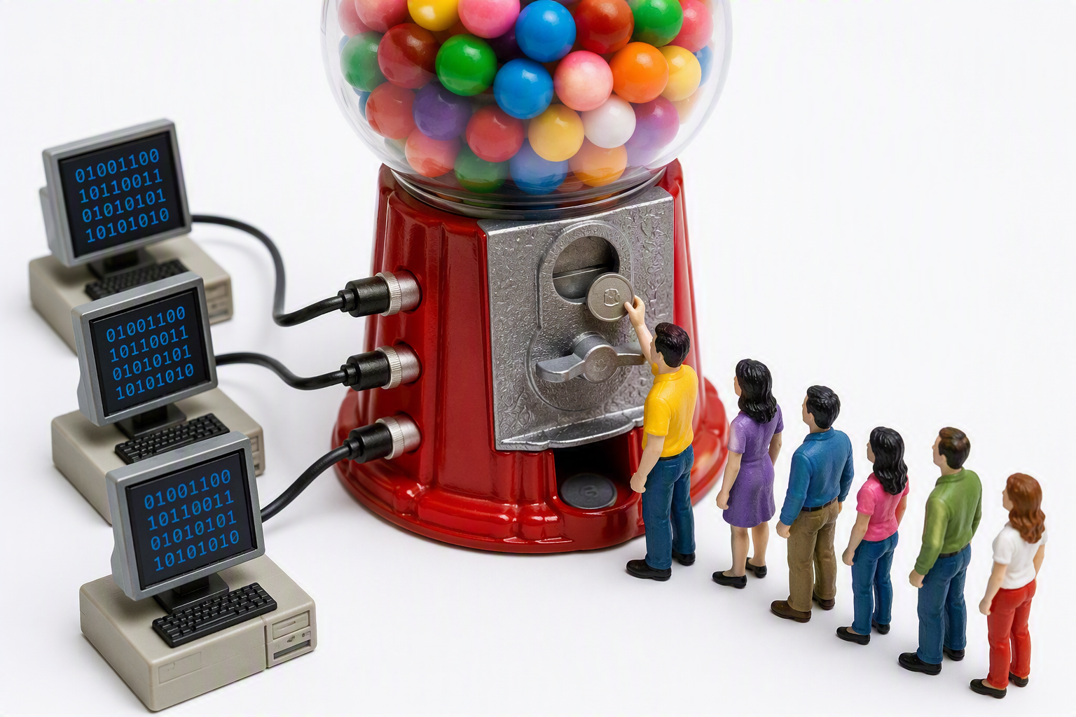 miniature people inserting tokens into AI machines