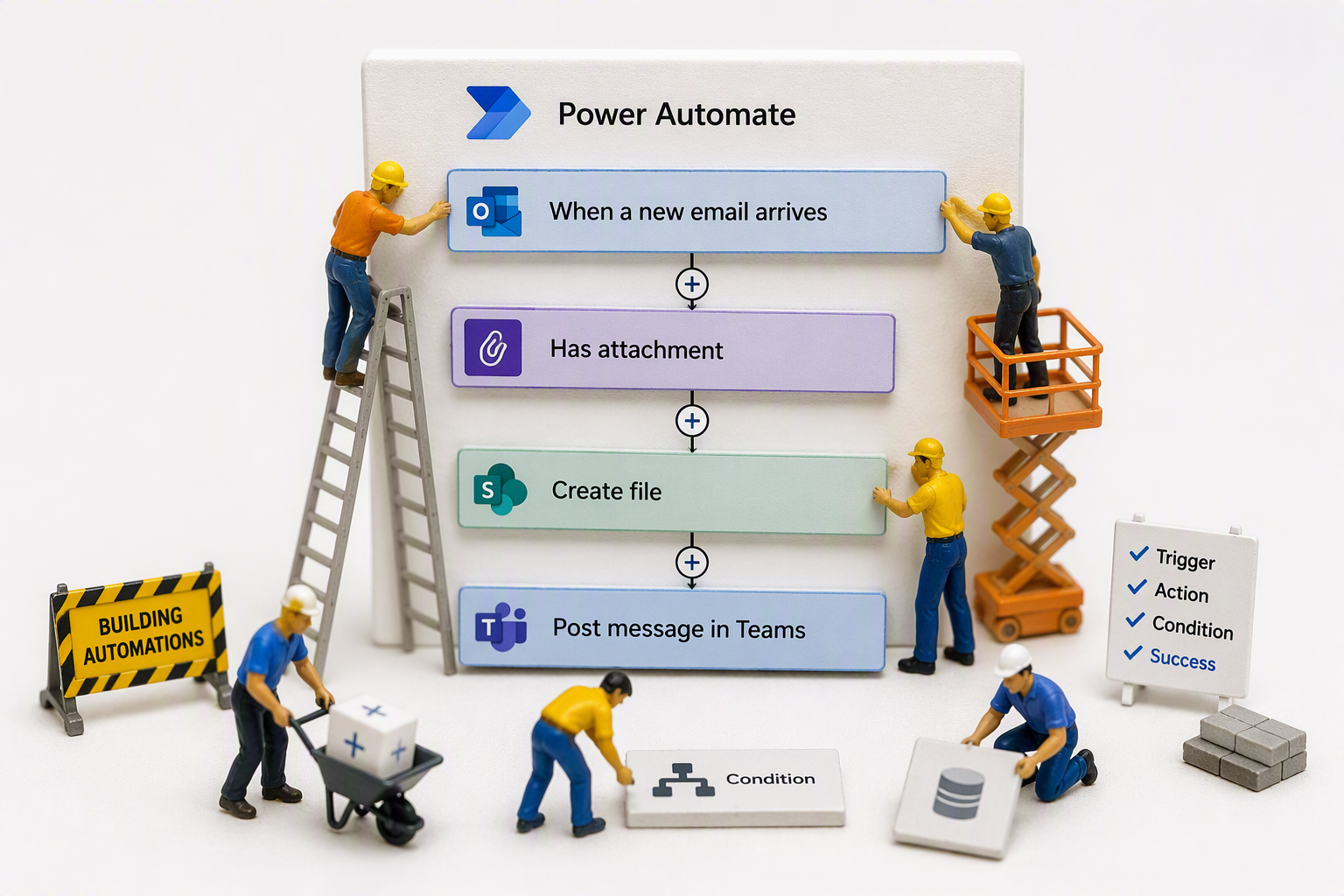 Miniature plastic people physically building an automation
