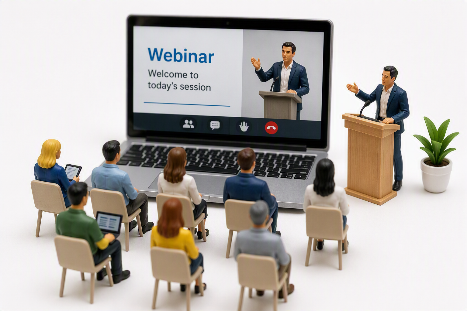 Miniature plastic people attending a webinar