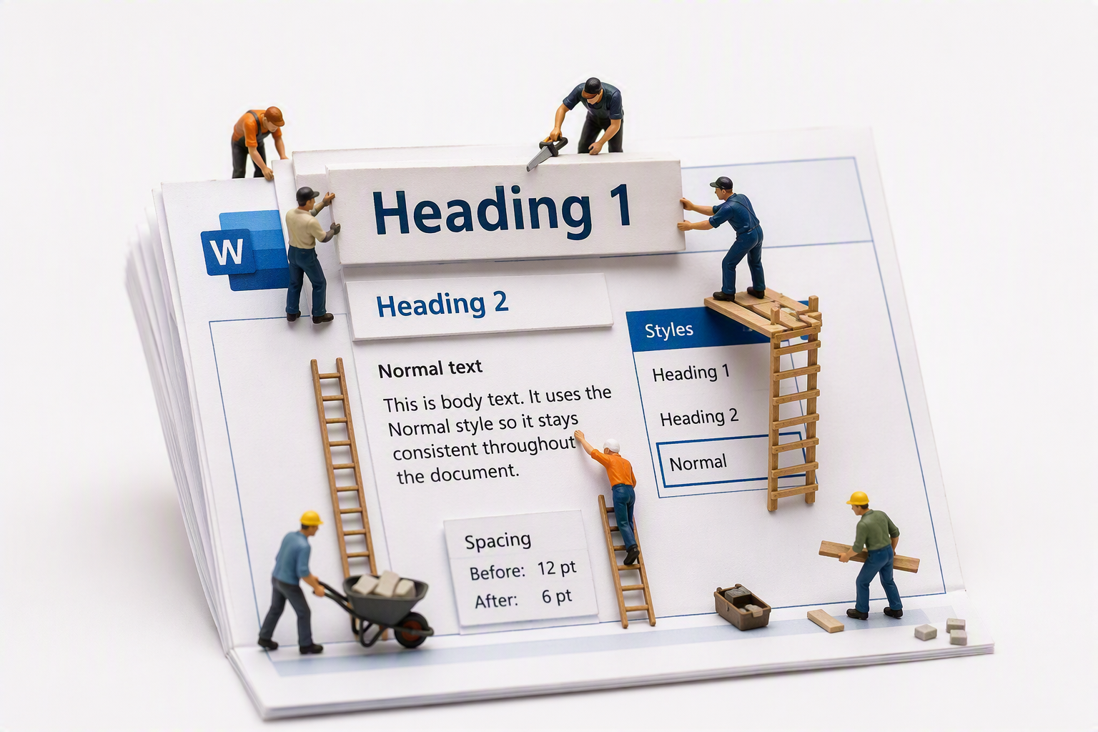 Miniature plastic people fixing a word document
