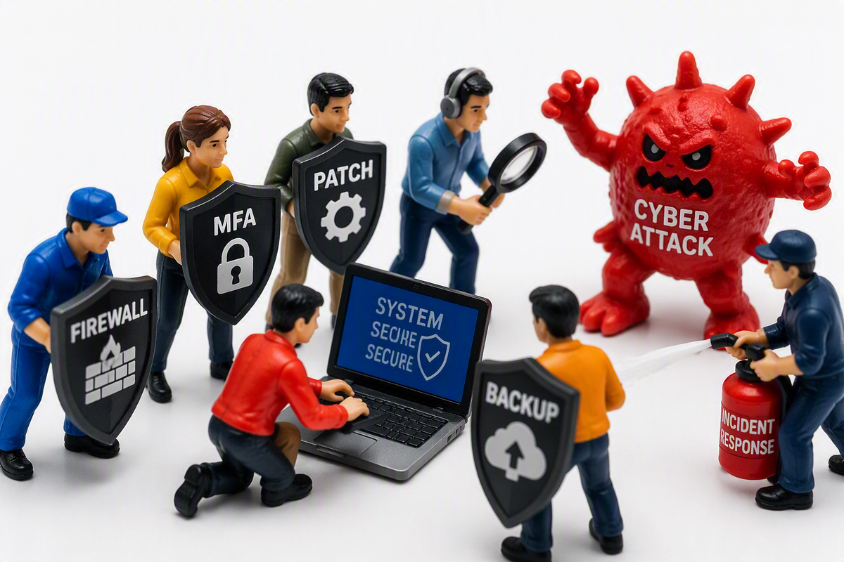 Miniature plastic workers defending a business system against a cyber attack using MFA, backups, patching and incident response measures.