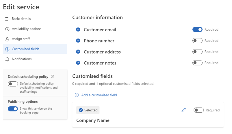 Microsoft Bookings - Customised Fields