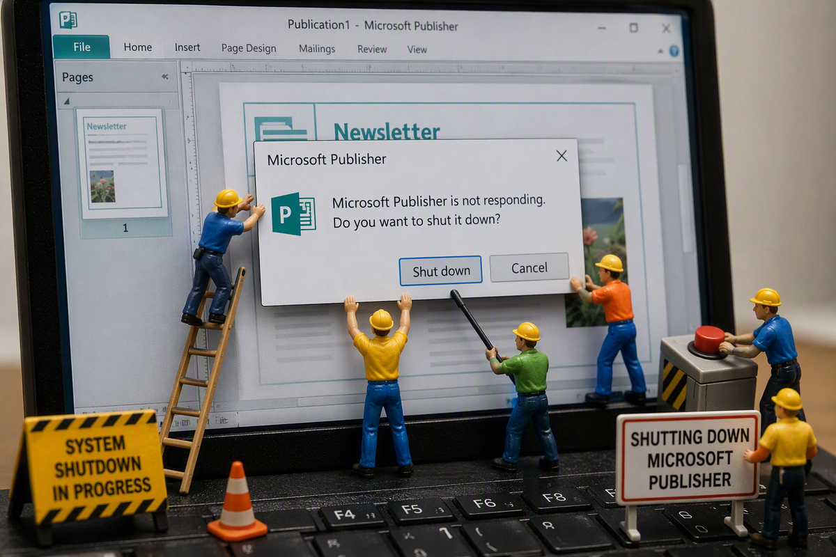 Miniature workers shutting down Microsoft Publisher