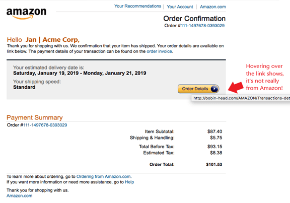 Example of a fake amazon email
